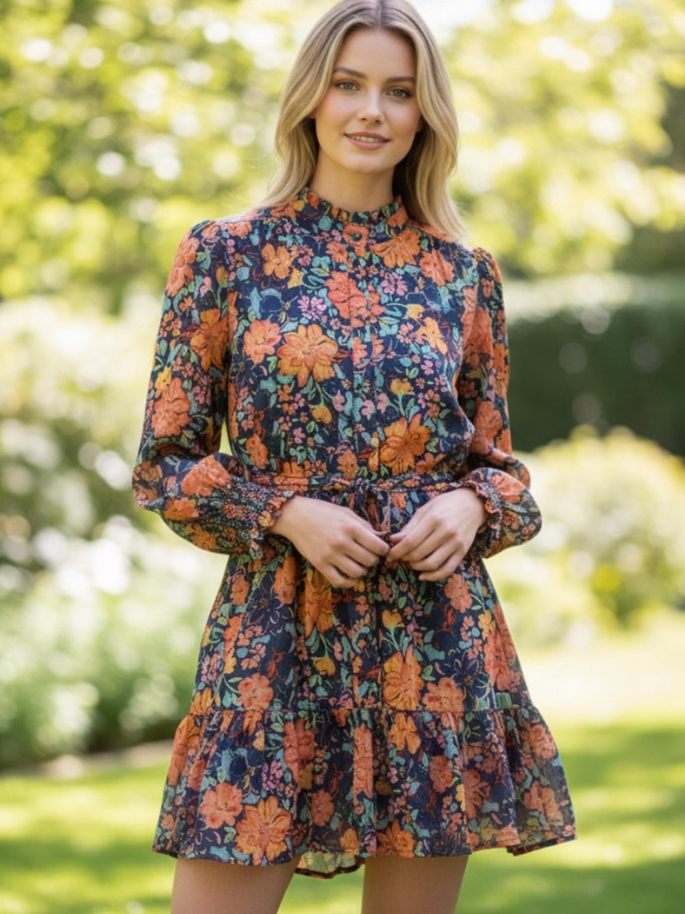Fate Navy Floral Long-Sleeve Lined Button Dress with Orange Blooms